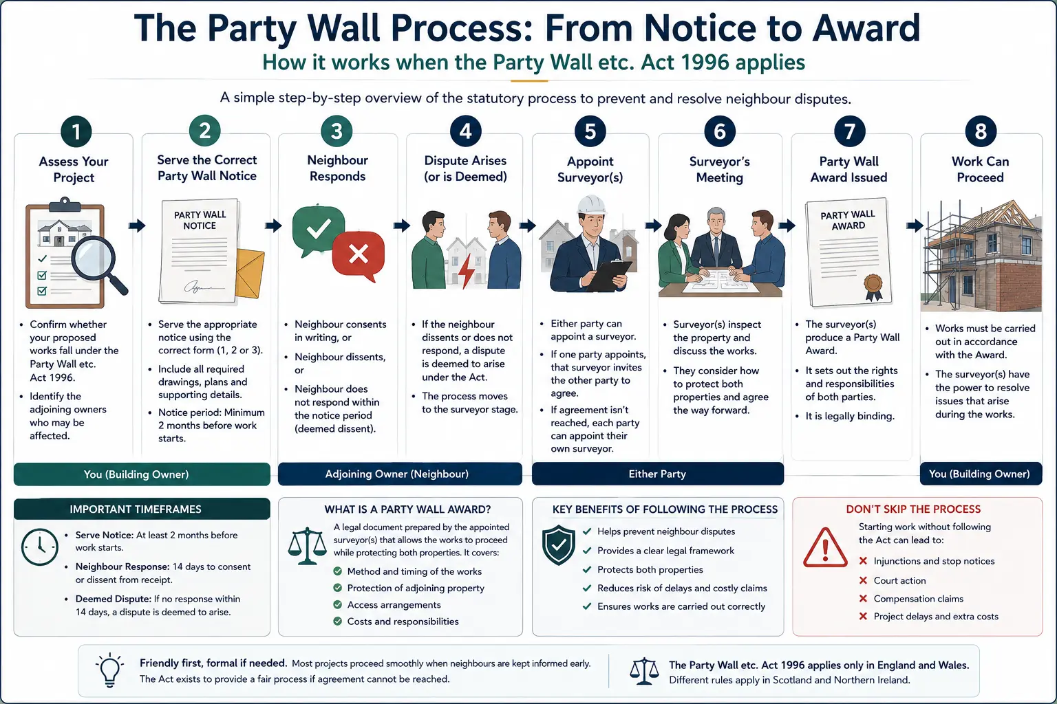 Do I Need a Party Wall Agreement? An infographic showing the party wall process from notice to award in a very interactive way for the citizens living in Beaconsfield, UK