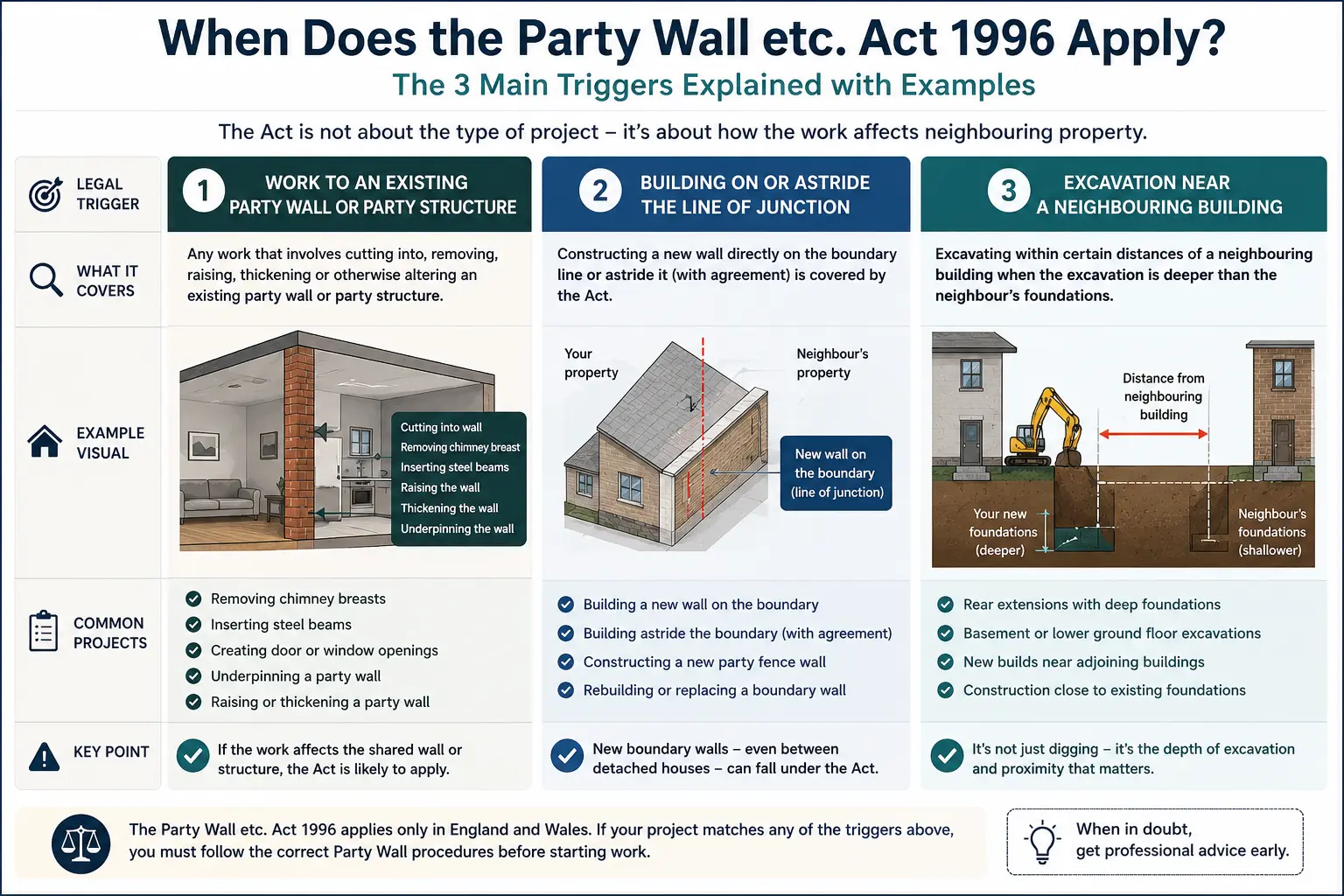 Do I Need a Party Wall Agreement? An infographic showing when does the party wall etc act 1996 apply like excavation, junction, painting, in Beaconsfield, UK